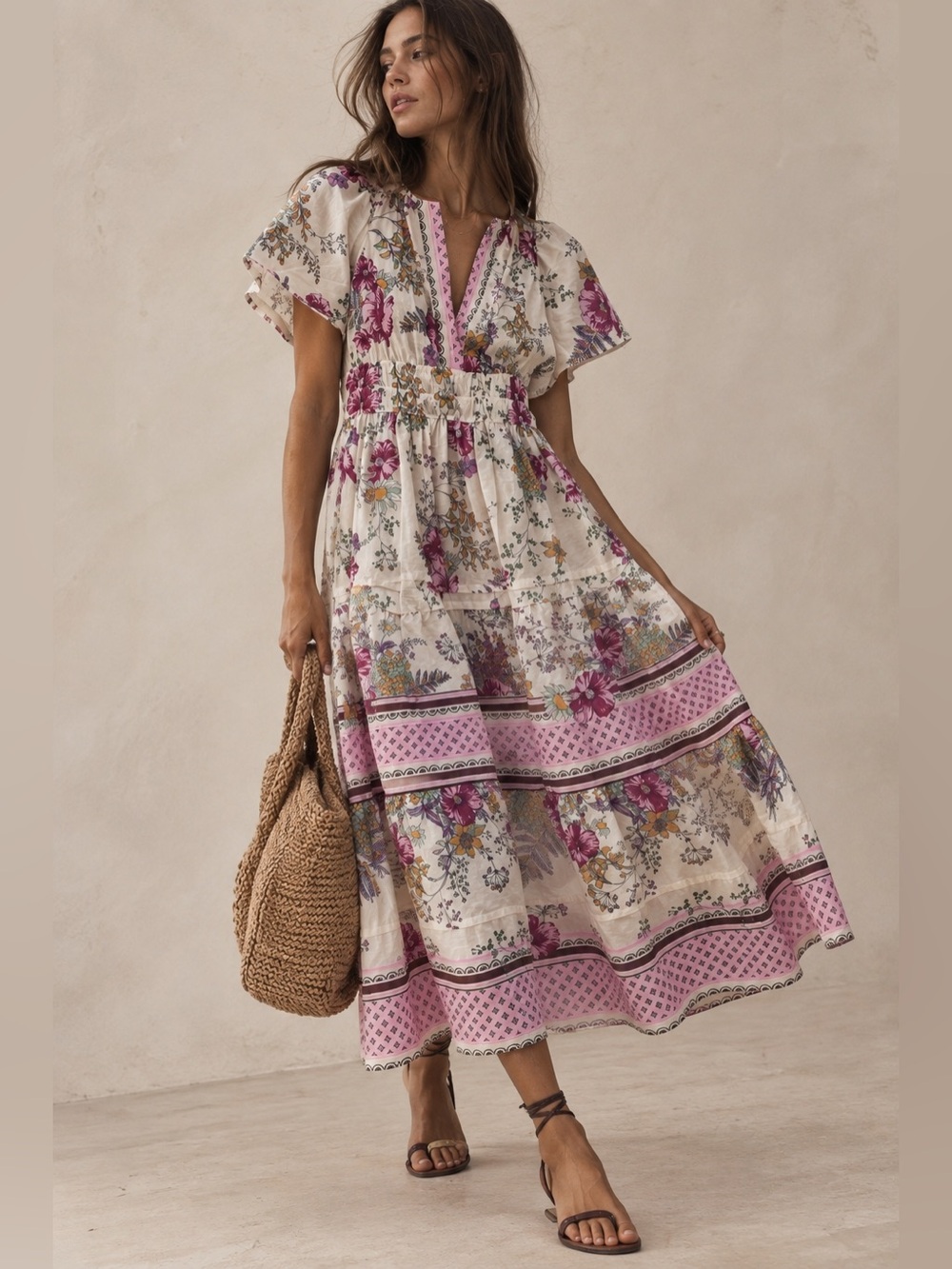 Anthropologie Floral Tiered Maxi Dress Boho Pink Ivory